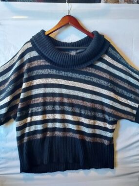 Striped Short-Sleeve Turtleneck Sweater - Black, Cream, Brown